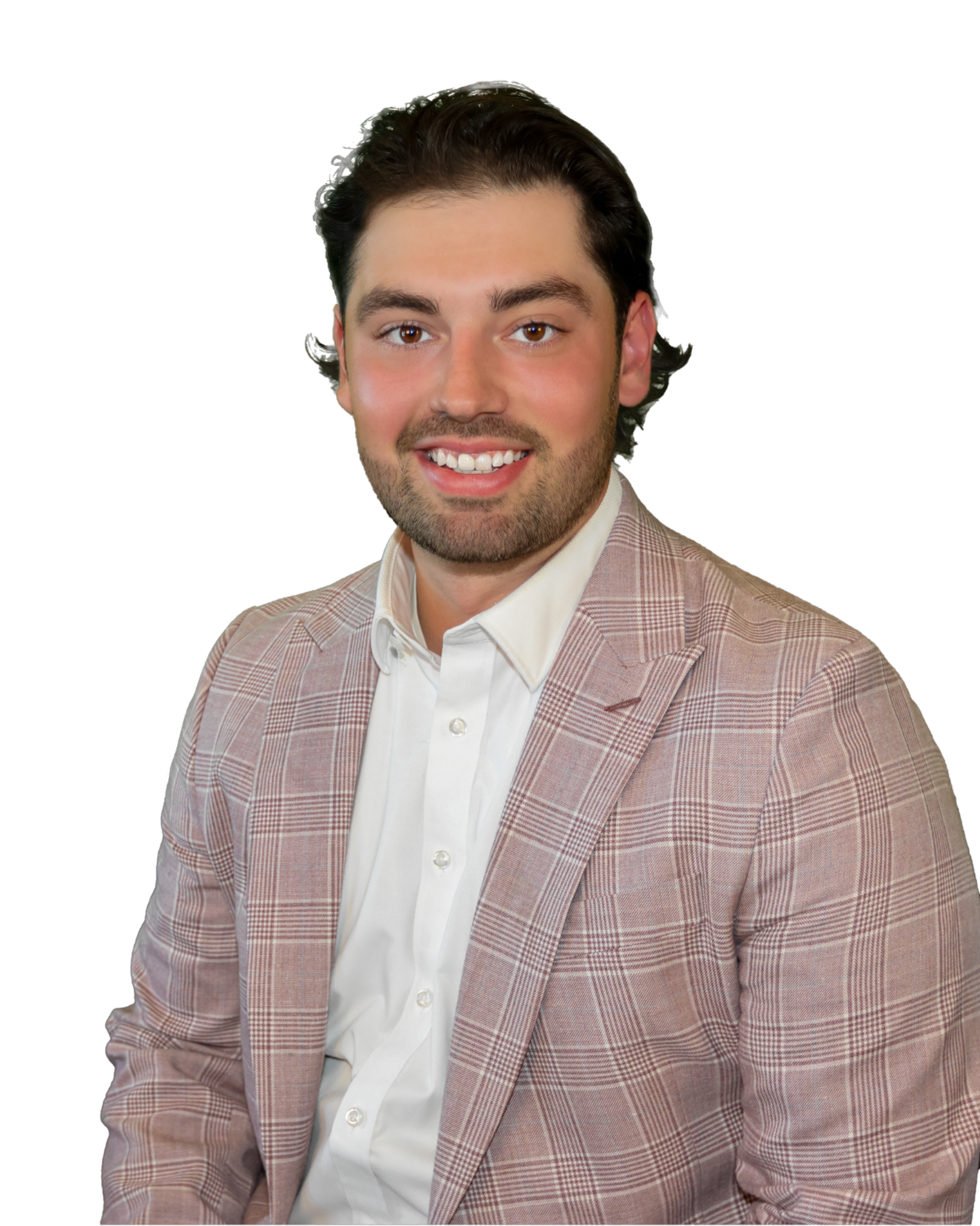 Eric Moser wearing a pink plaid blazer